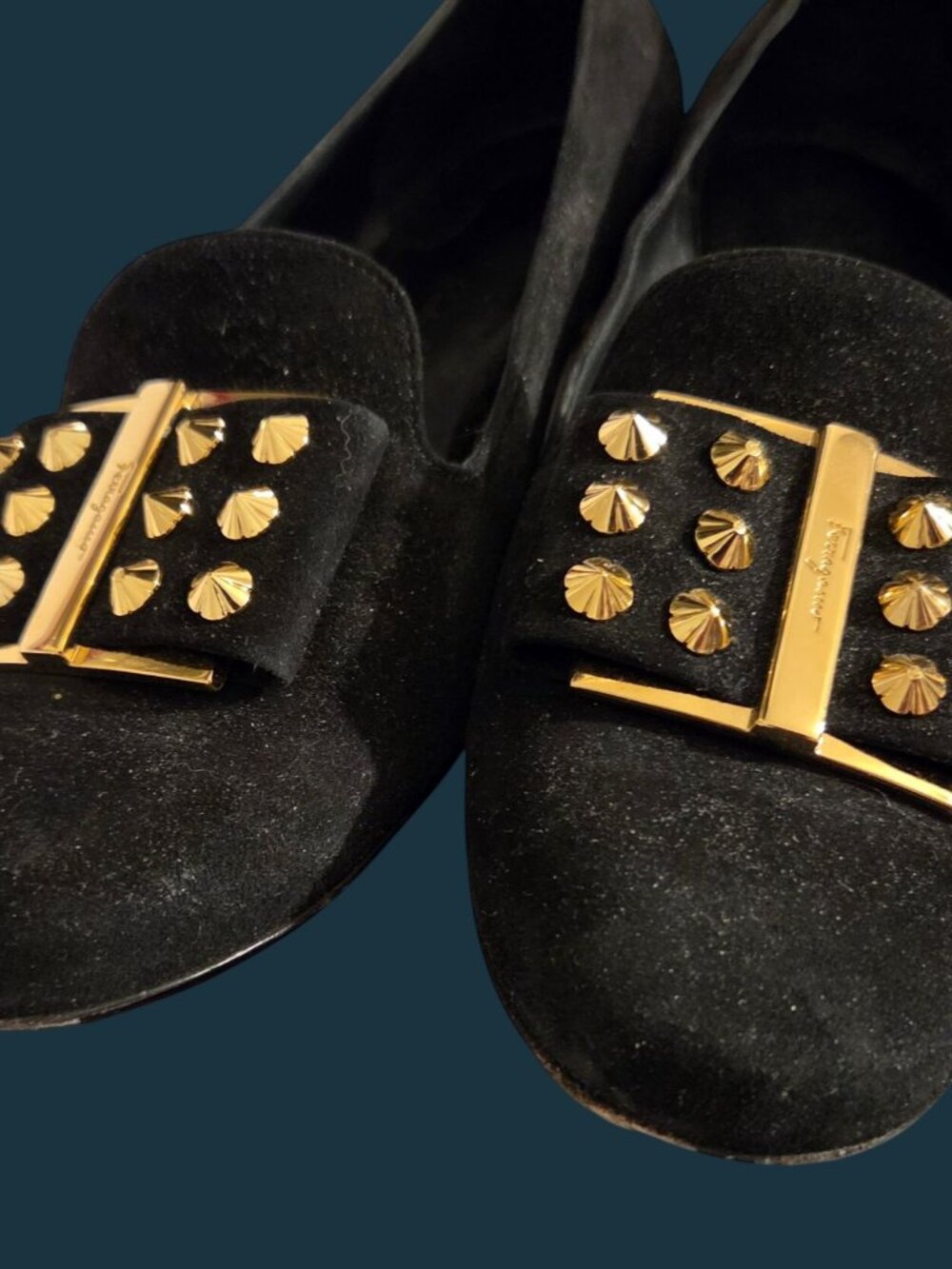 Salvatore Ferragamo Sarno Studded Loafers Black Suede Sz 8C - W/ Original Box - Picture 15 of 16
